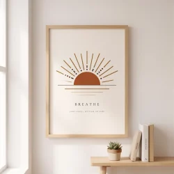 Sunrise Morse code print in a natural wood frame, styled on a wall
