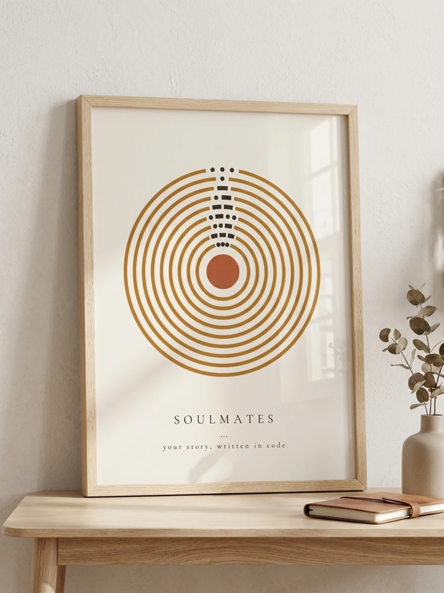 Rings Morse code print in a natural wood frame, styled on a shelf