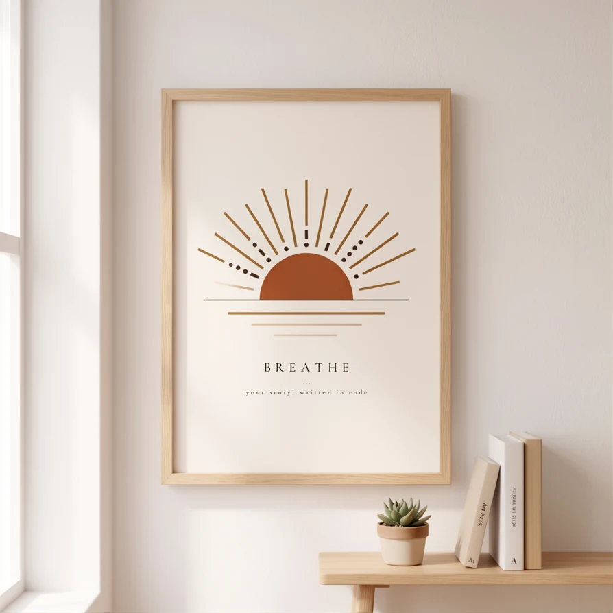 Sunrise Morse code print in a natural wood frame, styled on a wall