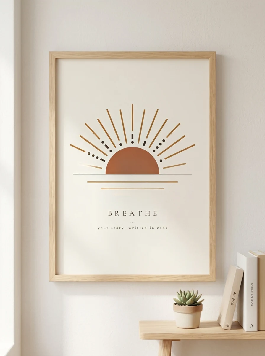 Sunrise Morse code print in a natural wood frame, hanging on a wall