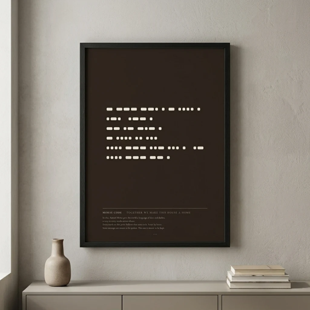 Telegram Morse code print on charcoal in a dark frame, styled on a wall