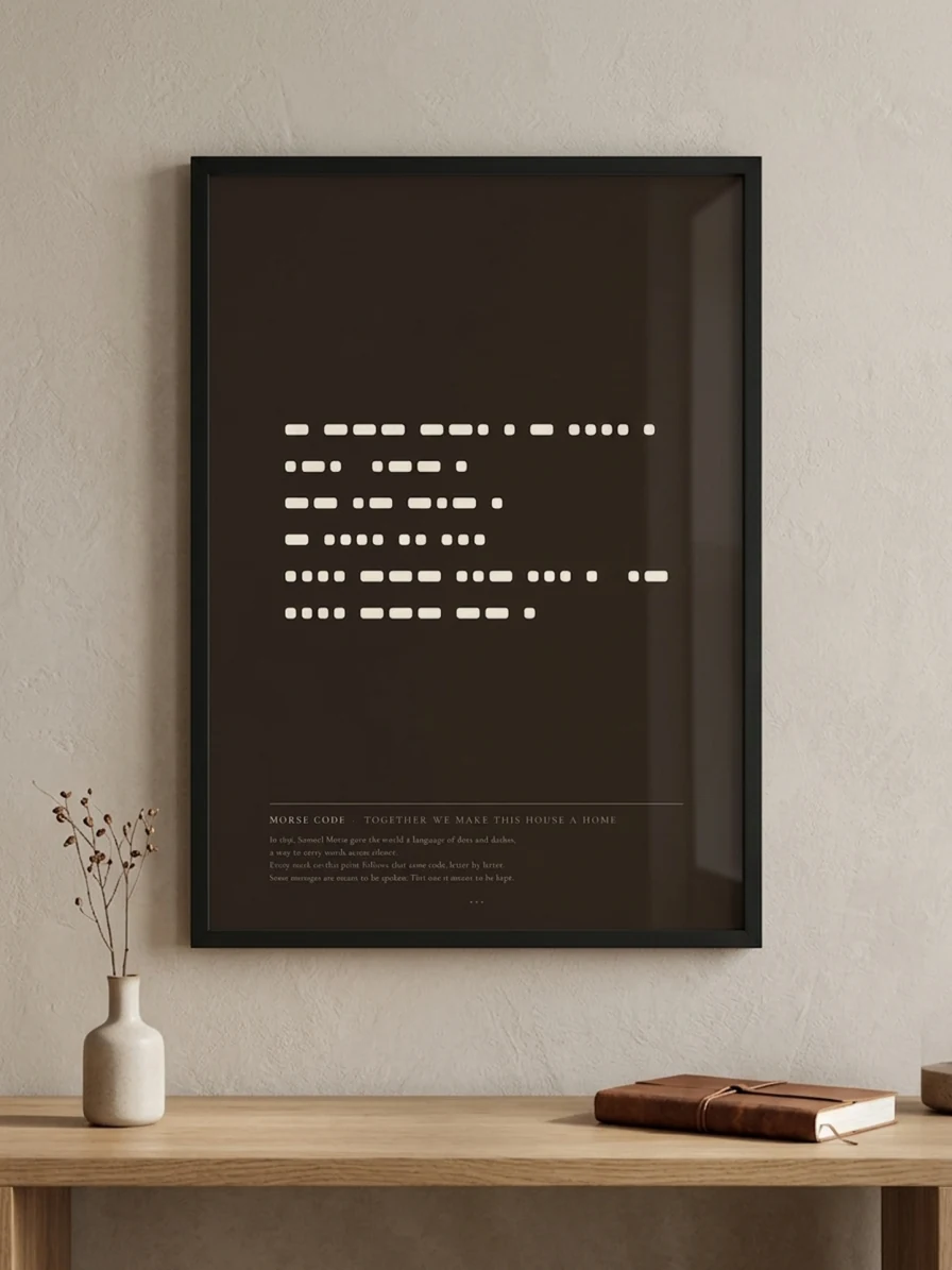 Telegram Morse code print in a dark frame, styled on a wall