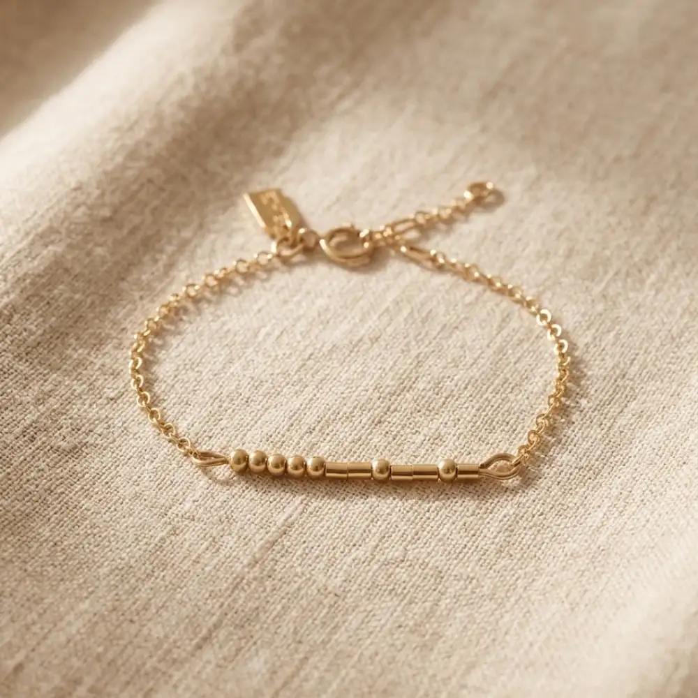 Hands threading Morse code beads into a SIMATA bracelet